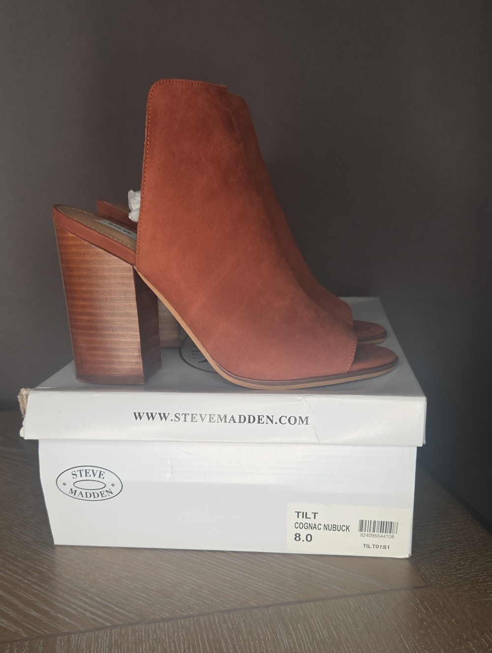 Steve Madden Cognac Nubuck Open-Toe Block Heel Mules